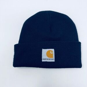 Carhartt Navy Blue Ribbed Beanie Hat Made in USA American Flag Logo Patch Mens